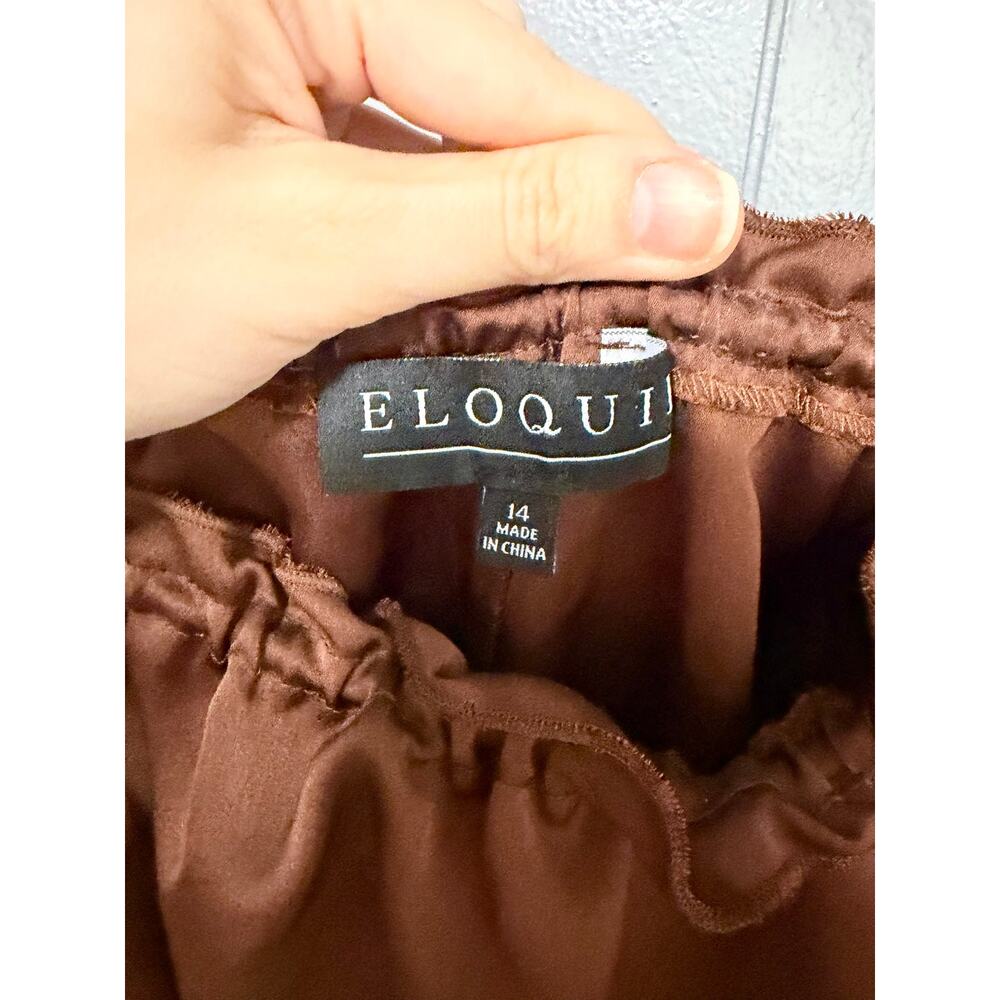 NEW Eloquii Brown Satin Elastic Waist Off the Shoulder Puff Sleeves Top 14 - Picture 5 of 10